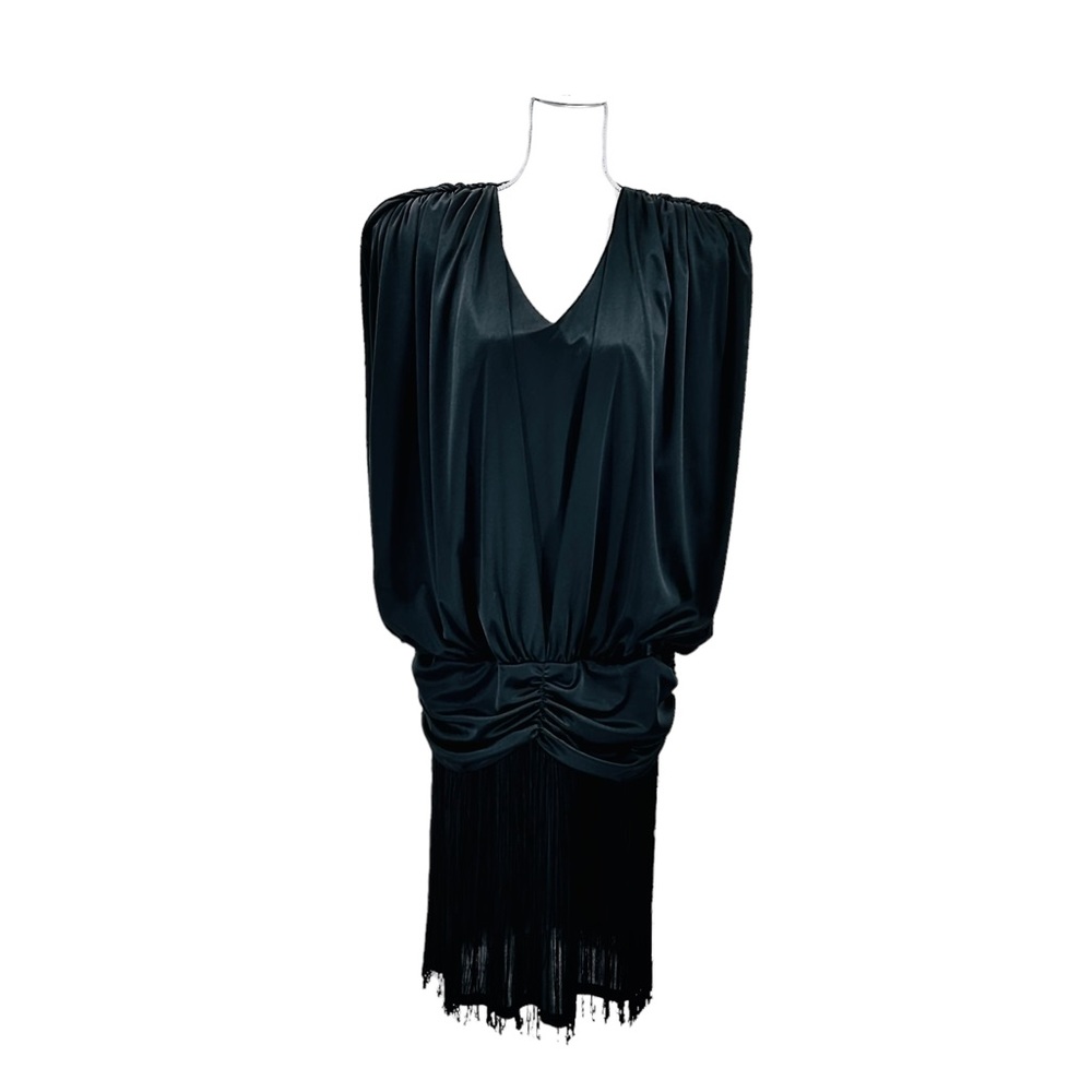 Vintage 1970s Black Draped Fringe Dress Drop waist Go Go PinUp Couture Glam 14